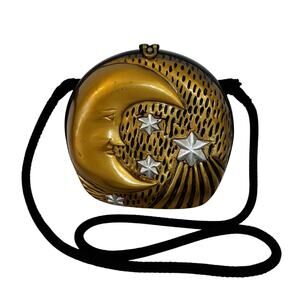 Timmy Woods Stars and Moon Wood Clutch Minaudiere Crossbody Bag Gold Black